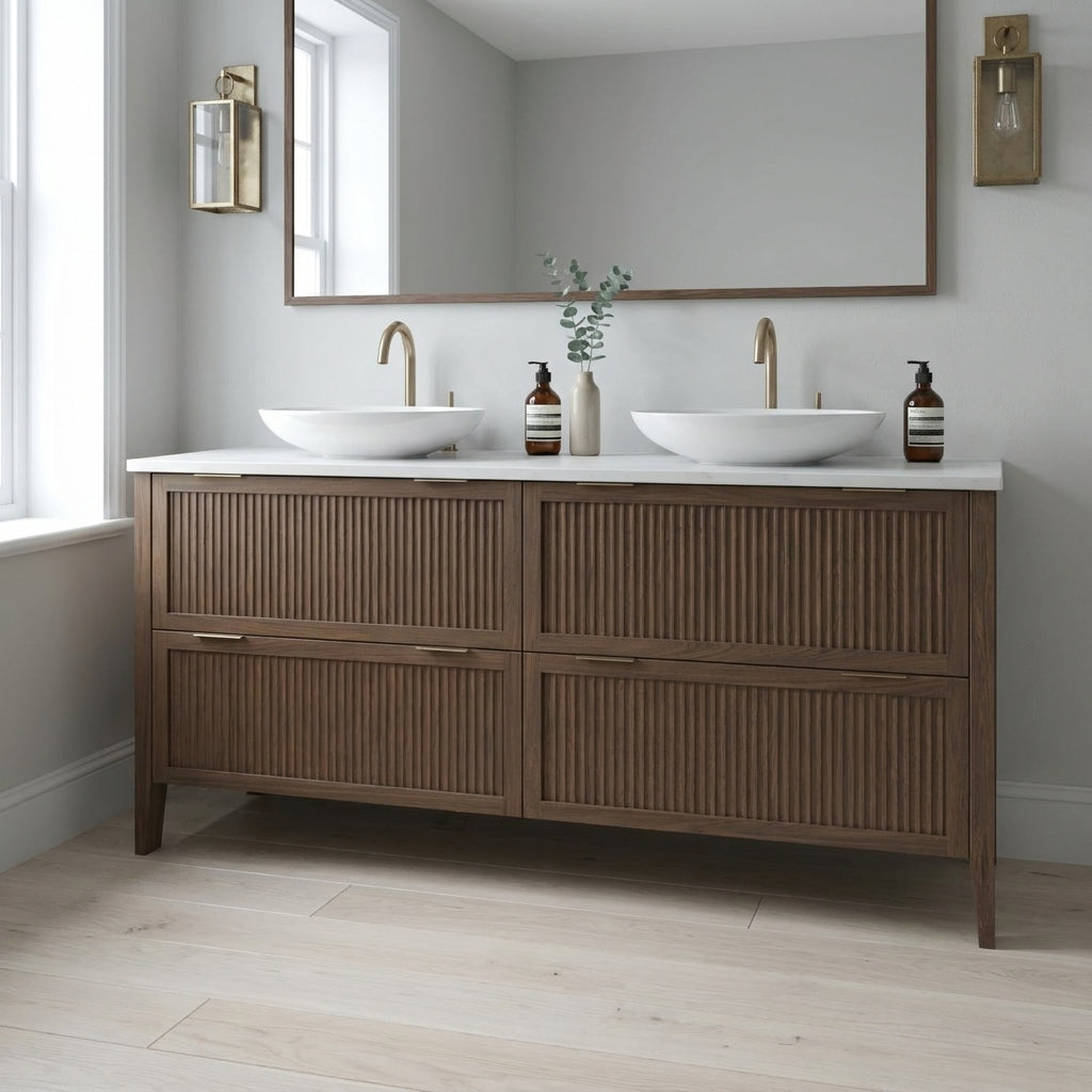 Mockridge Design Clifton 1600mm floor-standing double vanity in chocolate stained oak with smoky mid-brown grain figuring and vertical fluted drawer fronts set within shaker frame borders, Calacatta quartz worktop, twin oval ceramic sit-on basins and twin brushed brass deck-mounted vessel mixer taps, styled in a calm contemporary English bathroom with soft light grey walls and pale Scandi oak floor