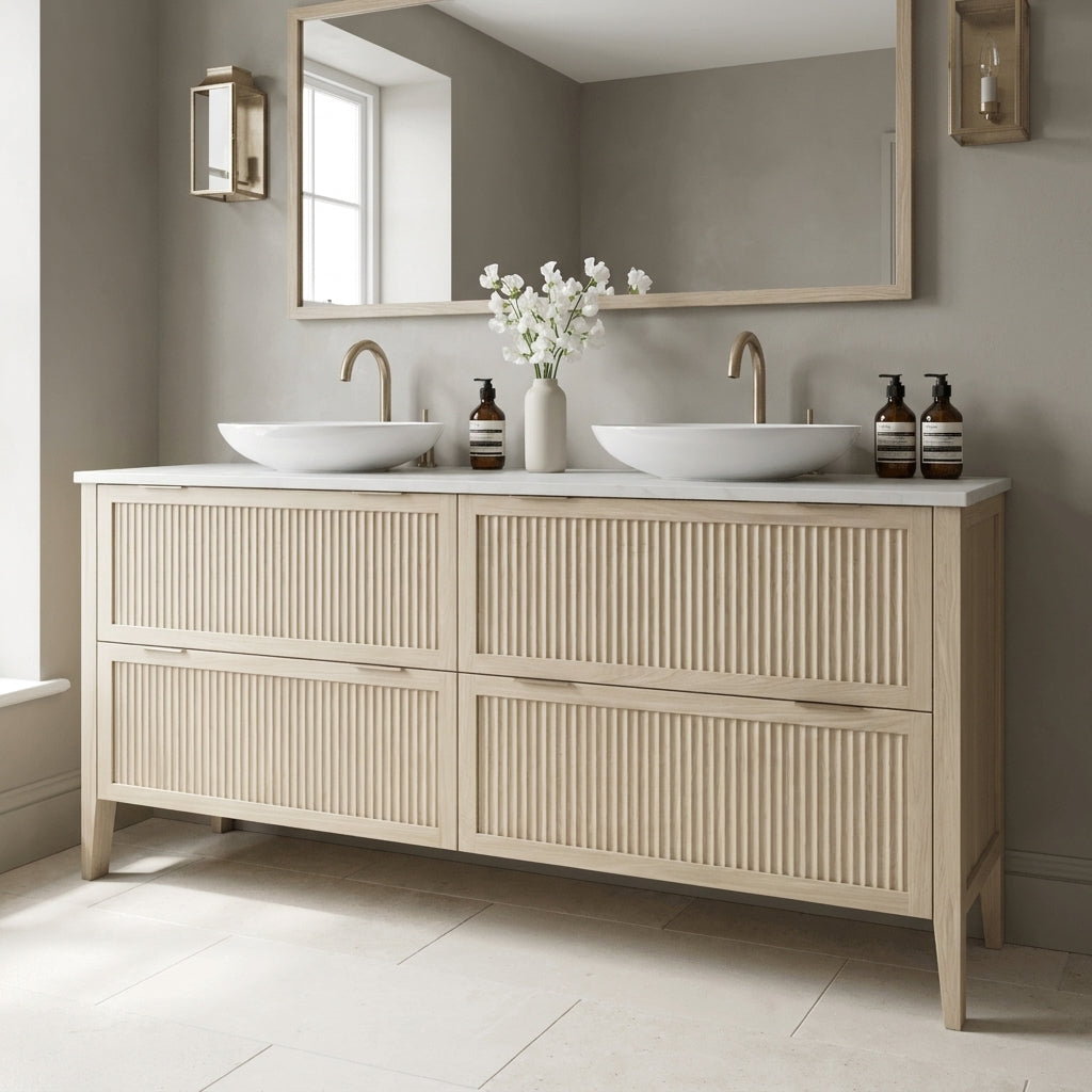 Mockridge Design Clifton 1600mm floor-standing double vanity in white stained oak with soft cream-blonde limed character and prominent vertical grain figuring across vertical fluted drawer fronts set within shaker frame borders, Calacatta quartz worktop, twin oval ceramic sit-on basins and twin brushed aged brass deck-mounted vessel mixer taps, styled in a tonally confident English bathroom with mid-greige painted chalky plaster walls and honed pale cream limestone floor