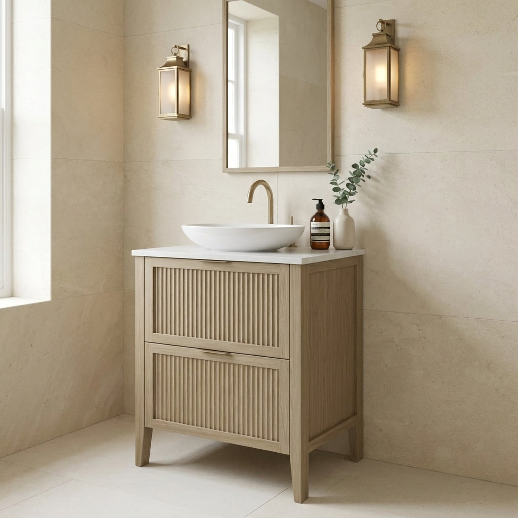 Mockridge Design Clifton 600mm floor-standing single vanity in macchiato stained oak with soft milky-coffee tone and visible grain figuring across vertical fluted drawer fronts set within shaker frame borders, Calacatta quartz worktop, oval ceramic sit-on basin and brushed brass deck-mounted vessel mixer tap, styled in a calm contemporary English bathroom with warm cream limestone walls and pale honed limestone floor lit by diffuse ambient daylight