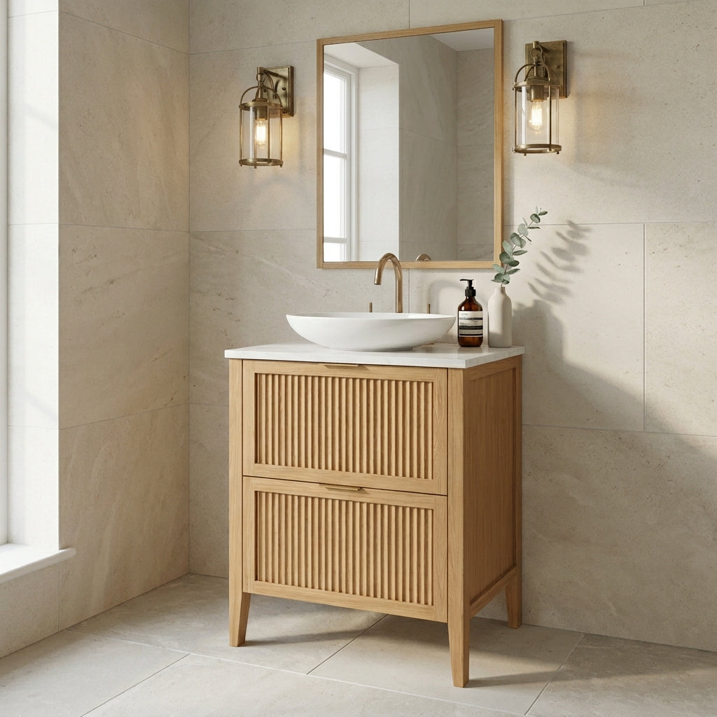 Mockridge Design Clifton 600mm floor-standing single vanity in natural stained oak with warm honey-blonde grain figuring and vertical fluted drawer fronts set within shaker frame borders, brushed brass edge pull handles, Calacatta quartz worktop, oval ceramic sit-on basin and brushed brass deck-mounted vessel mixer tap, styled in a refined country English bathroom with honed Bath stone walls and honed limestone floor