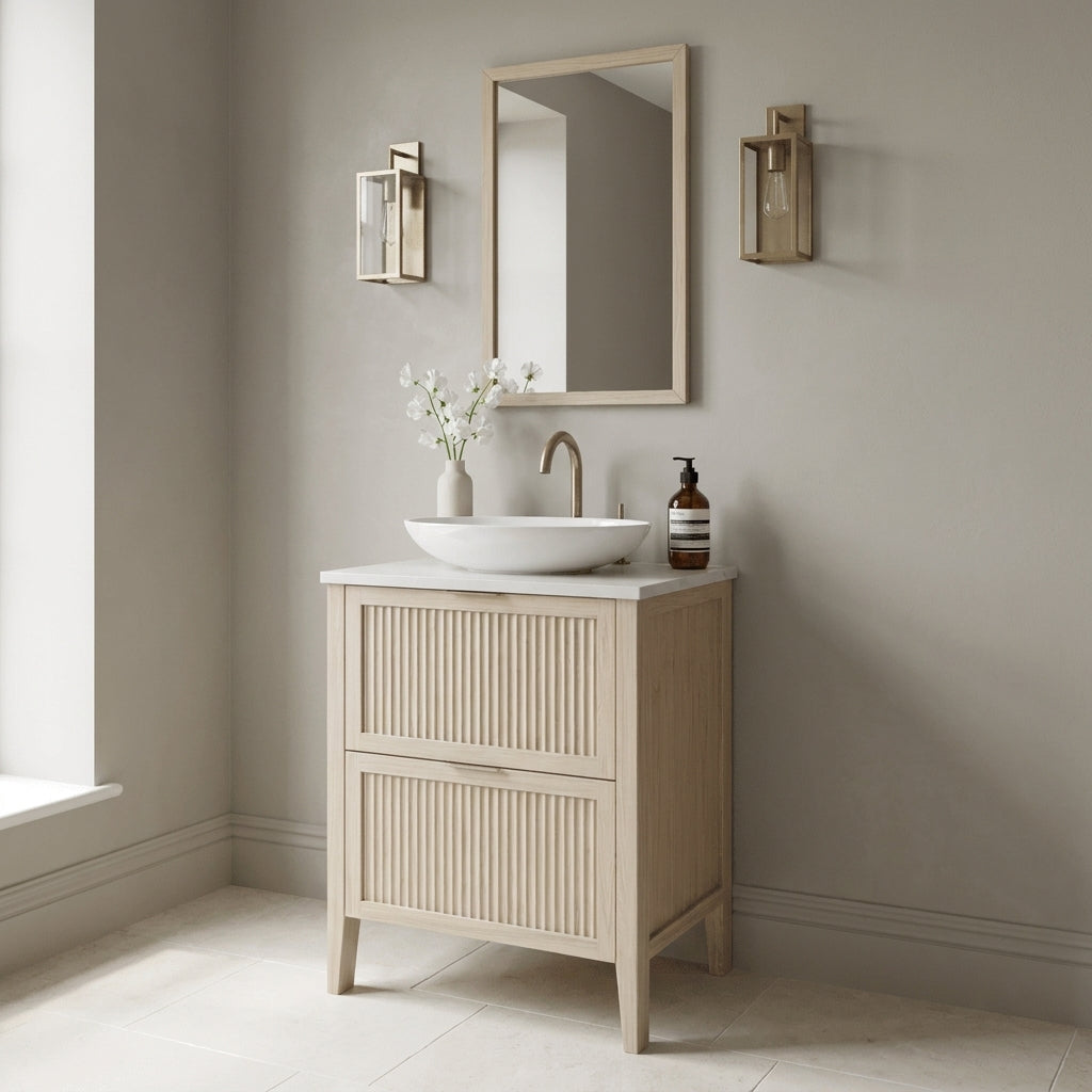 Mockridge Design Clifton 600mm floor-standing single vanity in white stained oak with soft cream-blonde limed character and prominent vertical grain figuring across vertical fluted drawer fronts set within shaker frame borders, Calacatta quartz worktop, oval ceramic sit-on basin and brushed aged brass deck-mounted vessel mixer tap, styled in a tonally confident English bathroom with mid-greige painted chalky plaster walls and honed pale cream limestone floor