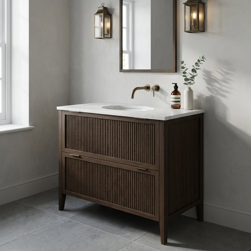 Mockridge Design Clifton 1000mm floor-standing single undermount vanity in dark roast stained oak with deep espresso grain figuring and vertical fluted drawer fronts set within shaker frame borders, Calacatta quartz worktop, undermount ceramic basin and wall-mounted brushed antique brass mixer tap, styled in a refined moody English bathroom with pale dove grey lime-washed plaster walls and honed Belgian bluestone floor