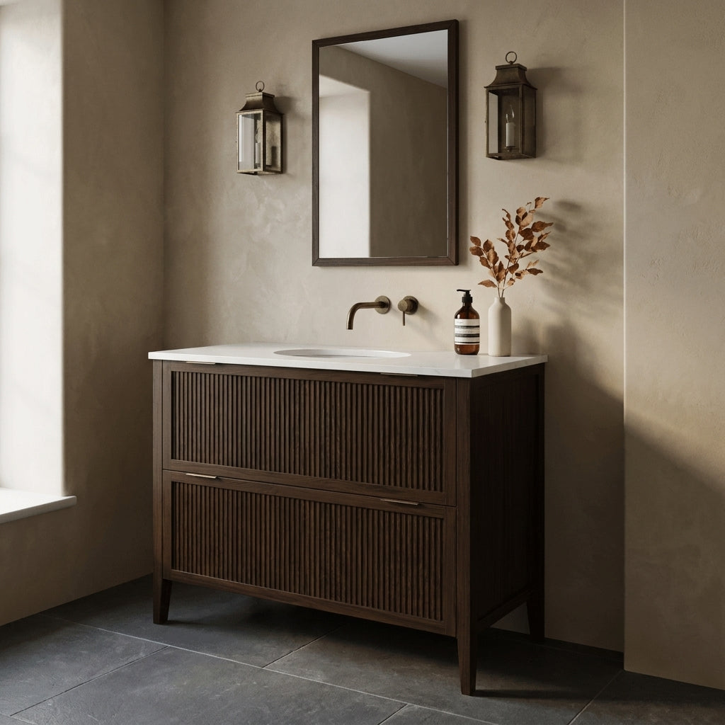 Mockridge Design Clifton 1000mm floor-standing single undermount vanity in espresso stained oak with deep warm chocolate-brown grain figuring and vertical fluted drawer fronts set within shaker frame borders, Calacatta quartz worktop, undermount ceramic basin and wall-mounted brushed antique brass mixer tap, styled in an enveloping English bathroom with warm rich putty lime-washed plaster walls and honed dark grey limestone floor