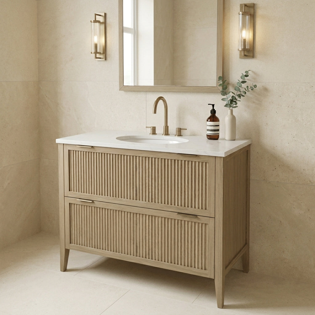 Mockridge Design Clifton 1000mm floor-standing single undermount vanity in macchiato stained oak with soft mid-pale warm taupe-blonde tone and visible grain figuring across vertical fluted drawer fronts set within shaker frame borders, Calacatta quartz worktop, oval undermount ceramic basin and brushed brass deck-mounted vessel mixer tap, styled in a calm contemporary English bathroom with warm cream limestone walls and pale honed limestone floor lit by diffuse ambient daylight