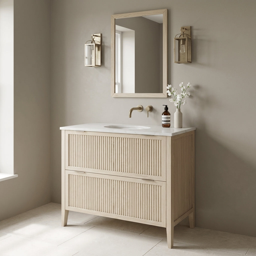 Mockridge Design Clifton 1000mm floor-standing single undermount vanity in white stained oak with soft cream-blonde limed character and prominent vertical grain figuring across vertical fluted drawer fronts set within shaker frame borders, Calacatta quartz worktop with integrated undermount basin and brushed aged brass wall-mounted mixer tap, styled in a tonally confident English bathroom with mid-greige painted chalky plaster walls and honed pale cream limestone floor