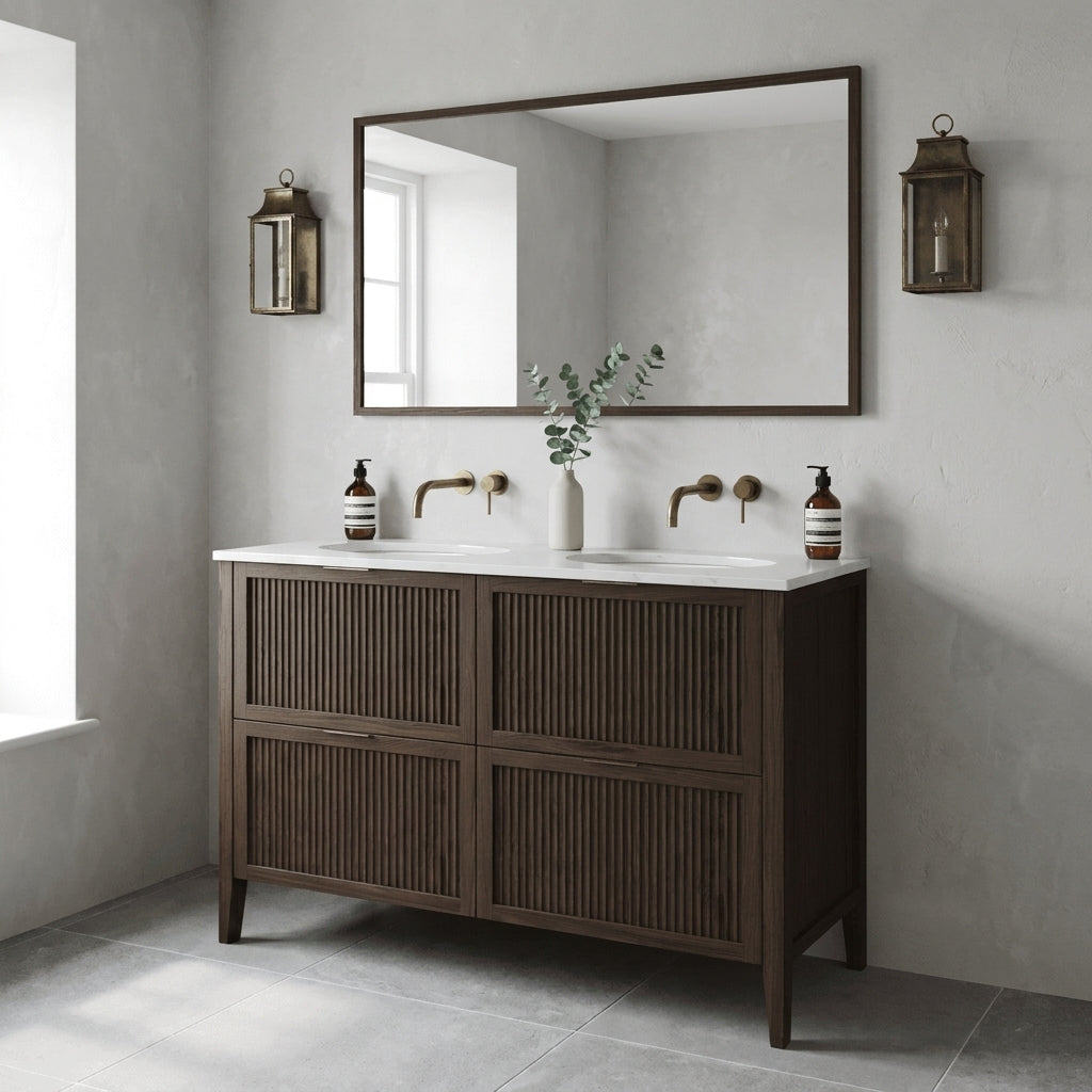 Mockridge Design Clifton 1200mm floor-standing double undermount vanity in dark roast stained oak with deep espresso grain figuring and vertical fluted drawer fronts set within shaker frame borders, Calacatta quartz worktop, twin undermount ceramic basins and twin wall-mounted brushed antique brass mixer taps, styled in a refined moody English bathroom with pale dove grey lime-washed plaster walls and honed Belgian bluestone floor