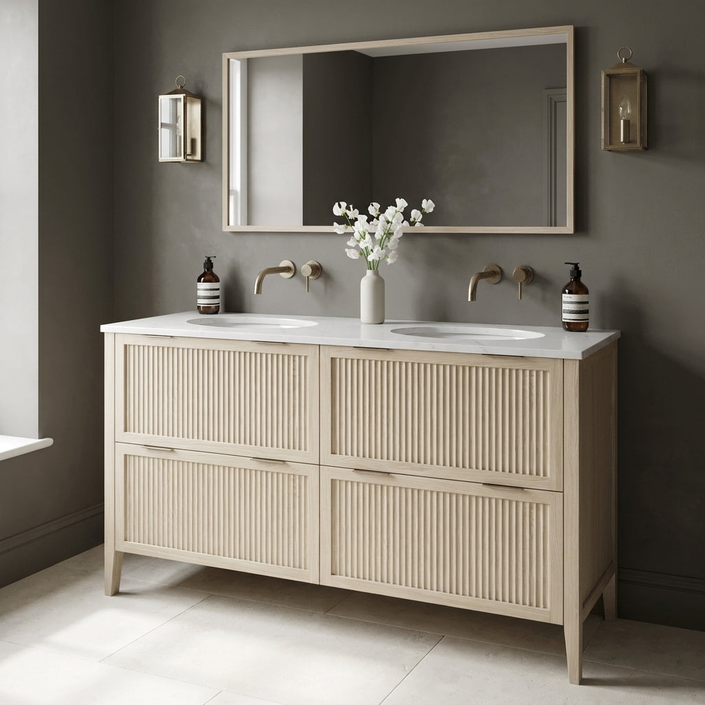 Mockridge Design Clifton 1400mm floor-standing double undermount vanity in white stained oak with soft cream-blonde limed character and prominent vertical grain figuring across vertical fluted drawer fronts set within shaker frame borders, Calacatta quartz worktop with twin integrated undermount basins and twin brushed aged brass wall-mounted mixer taps, styled in a tonally confident English bathroom with mid-greige painted chalky plaster walls and honed pale cream limestone floor
