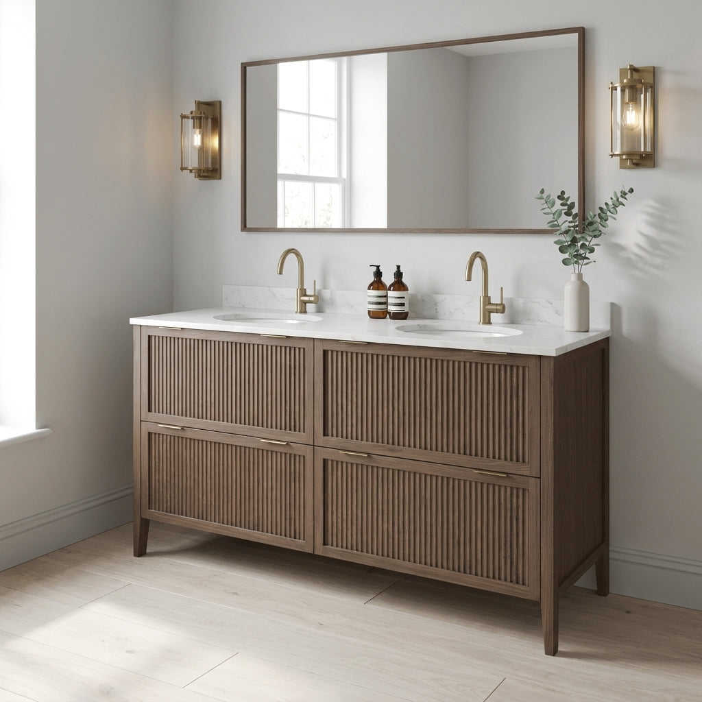 Mockridge Design Clifton 1600mm floor-standing double undermount vanity in chocolate stained oak with smoky mid-brown grain figuring and vertical fluted drawer fronts set within shaker frame borders, Calacatta quartz worktop, twin undermount ceramic basins and twin brushed brass deck-mounted vessel mixer taps, styled in a calm contemporary English bathroom with soft light grey walls and pale Scandi oak floor