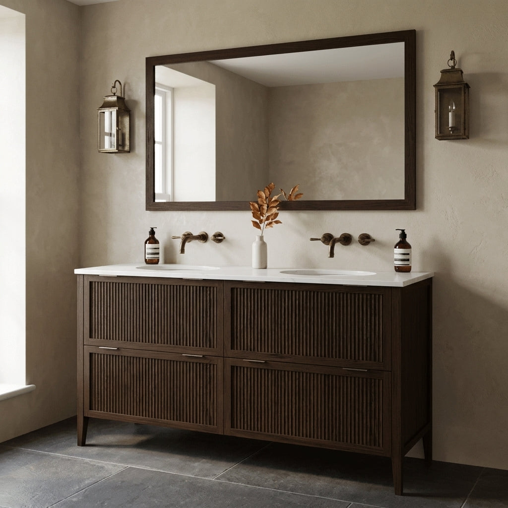 Mockridge Design Clifton 1600mm floor-standing double undermount vanity in espresso stained oak with deep warm chocolate-brown grain figuring and vertical fluted drawer fronts set within shaker frame borders, Calacatta quartz worktop, twin undermount ceramic basins and twin wall-mounted brushed antique brass mixer taps, styled in an enveloping English bathroom with warm rich putty lime-washed plaster walls and honed dark grey limestone floor