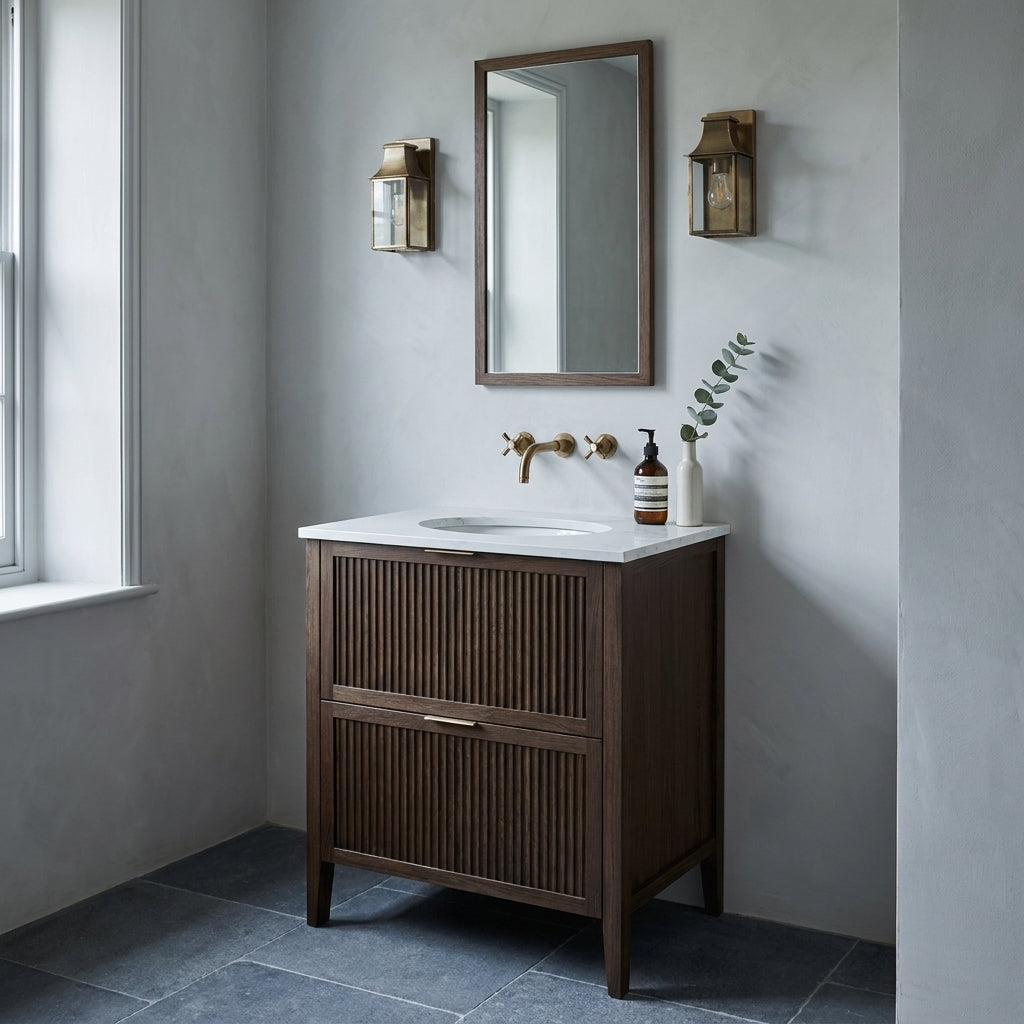 Mockridge Design Clifton 600mm floor-standing single undermount vanity in dark roast stained oak with deep espresso grain figuring and vertical fluted drawer fronts set within shaker frame borders, Calacatta quartz worktop, undermount ceramic basin and wall-mounted brushed antique brass mixer tap, styled in a refined moody English bathroom with pale dove grey lime-washed plaster walls and honed Belgian bluestone floor