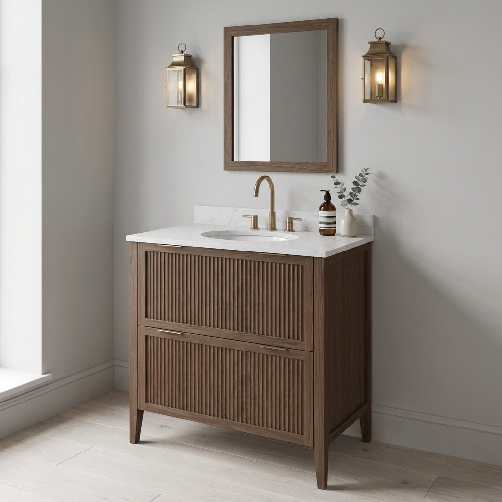 Mockridge Design Clifton 800mm floor-standing single undermount vanity in chocolate stained oak with smoky mid-brown grain figuring and vertical fluted drawer fronts set within shaker frame borders, Calacatta quartz worktop, oval undermount ceramic basin and brushed brass deck-mounted vessel mixer tap, styled in a calm contemporary English bathroom with soft light grey walls and pale Scandi oak floor