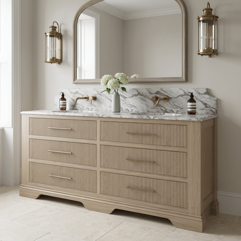 Mockridge Design Kingsbridge 1900mm floor-standing double vanity in Smoke 5 percent stained oak with cool dusty ash-blonde grain figuring polished sheen finish and six reeded drawer fronts set within mitred shaker frame borders above a carved bracket-foot plinth base with central arch detail, dramatic shaped Calacatta marble backsplash with concave-and-peak silhouette, twin oval undermount basins and twin two-element warm aged brass wall-mounted mixer taps with separate spouts, styled in a grand traditional