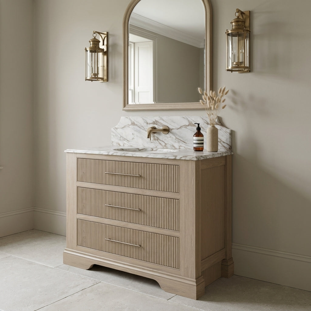 Mockridge Design Kingsbridge 1000mm floor-standing single vanity in Macchiato stained oak with soft warm beige-blonde grain and cool-grey wash and reeded drawer fronts, dramatic shaped Calacatta marble backsplash, oval undermount basin and warm aged brass wall-mounted mixer tap, styled in a deluxe grand traditional English bathroom with Farrow and Ball Drop Cloth painted walls and honed Bath stone limestone floor