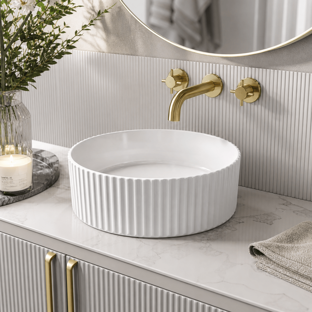 Fluted Round 360mm | Countertop Basin | Ceramic | Gloss White - Mockridge Design