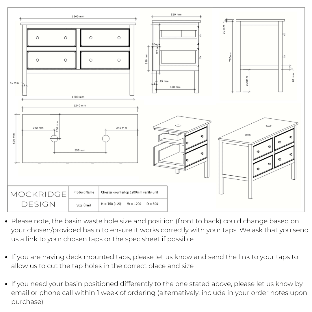 Technical dimensions drawing for The Chester | Painted Beaded Double Vanity 1200mm Stiffkey Blue