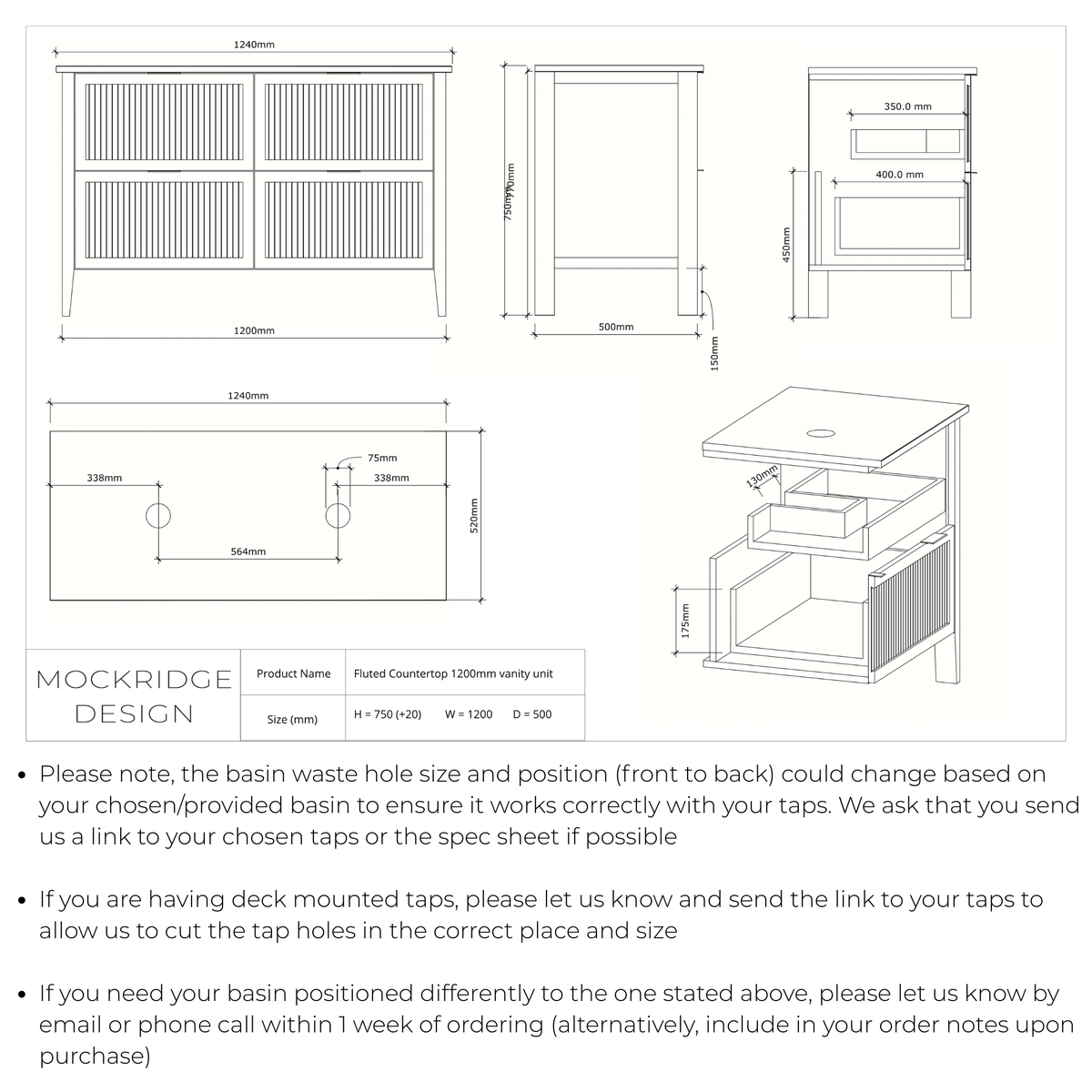 Technical dimensions drawing for The Clifton | Oak Fluted Double Vanity 1200mm | Chocolate