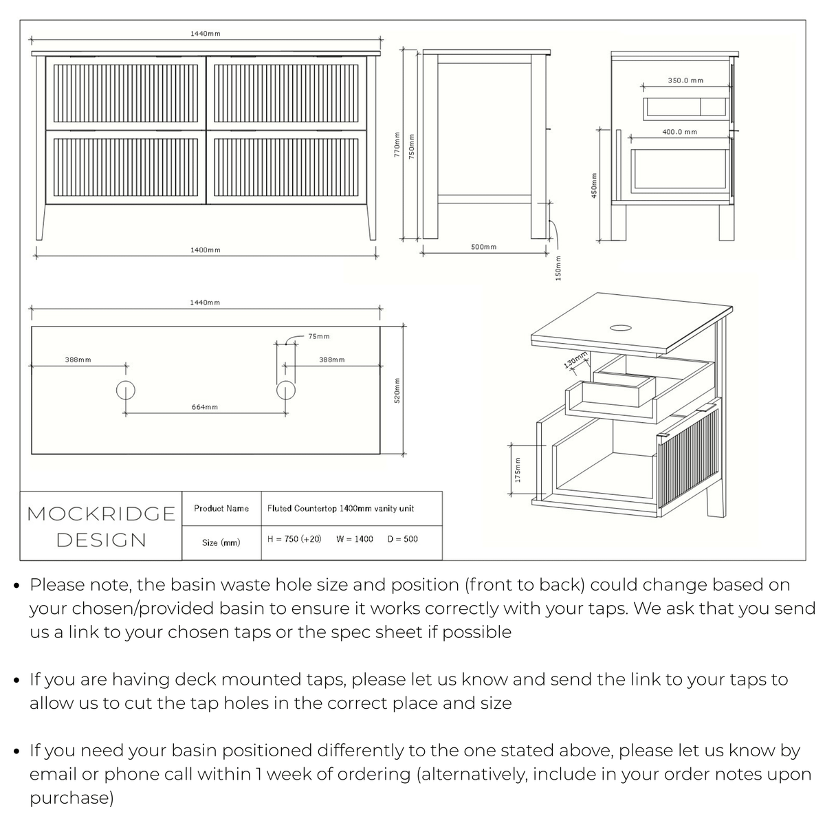 Technical dimensions drawing for The Clifton | Oak Fluted Double Vanity 1400mm | Macchiato