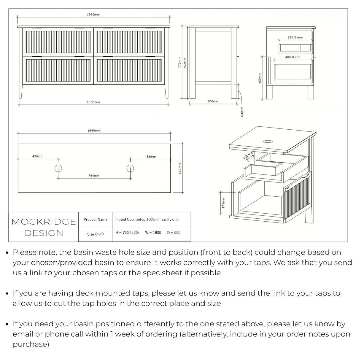 Technical dimensions drawing for The Clifton | Oak Fluted Double Vanity 1600mm | Chocolate