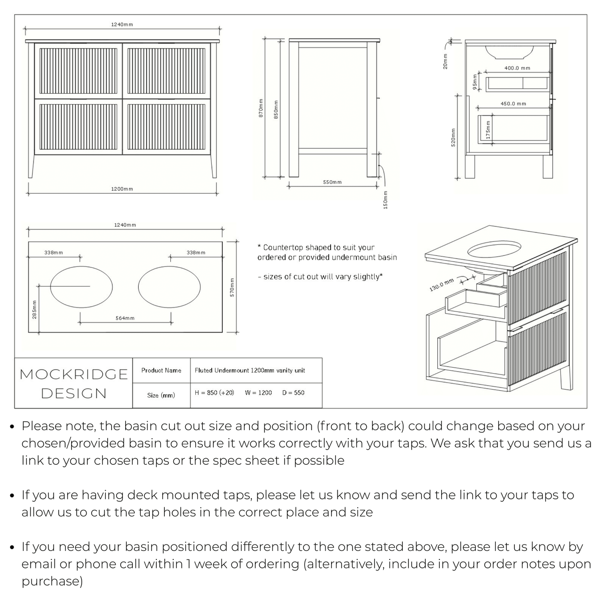 Technical dimensions drawing for The Clifton | Undermounted | Oak Fluted Double Vanity 1200mm | Chocolate
