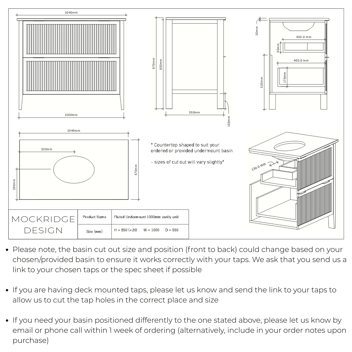 Technical dimensions drawing for The Clifton | Undermounted | Oak Fluted Vanity 1000mm | Chocolate