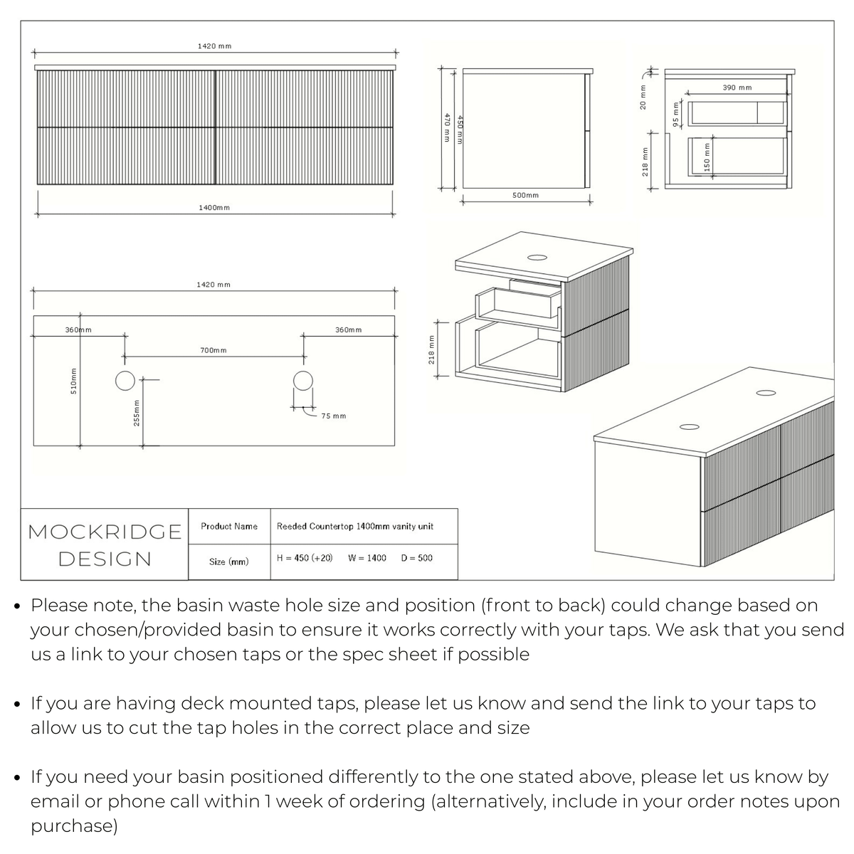 Technical dimensions drawing for The Reeded | Oak Double Vanity 1400mm | White