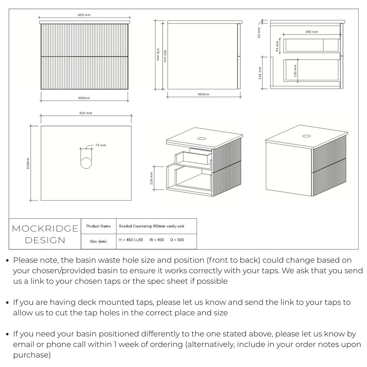 Technical dimensions drawing for The Reeded | Oak Vanity 600mm | Chocolate