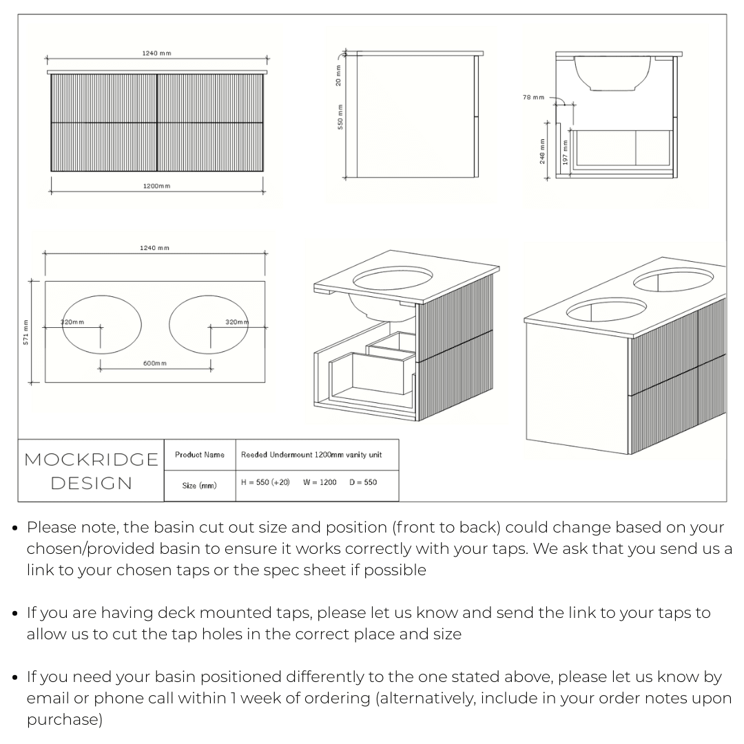 Technical dimensions drawing for The Reeded | Undermounted | Painted Double Vanity 1200mm Railings