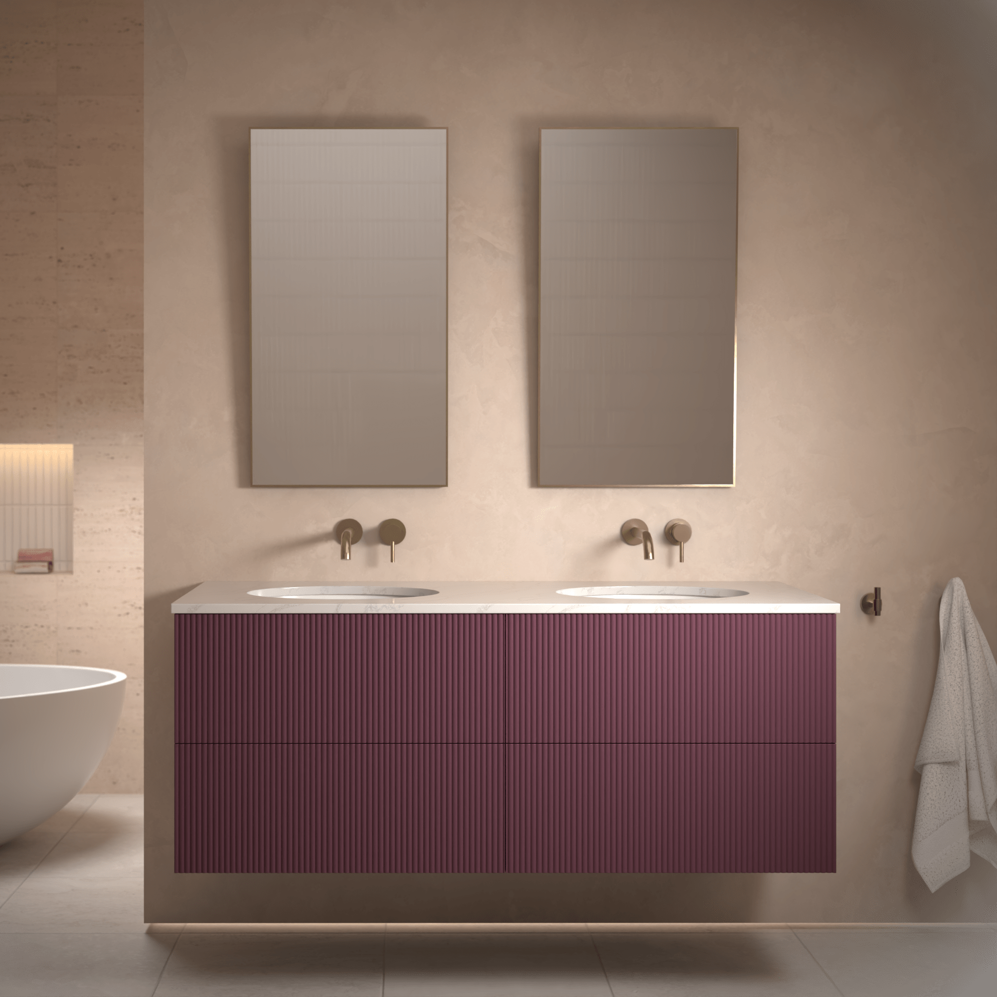 The Reeded | Undermounted | Painted Double Vanity 1400mm Brinjal - Mockridge Design