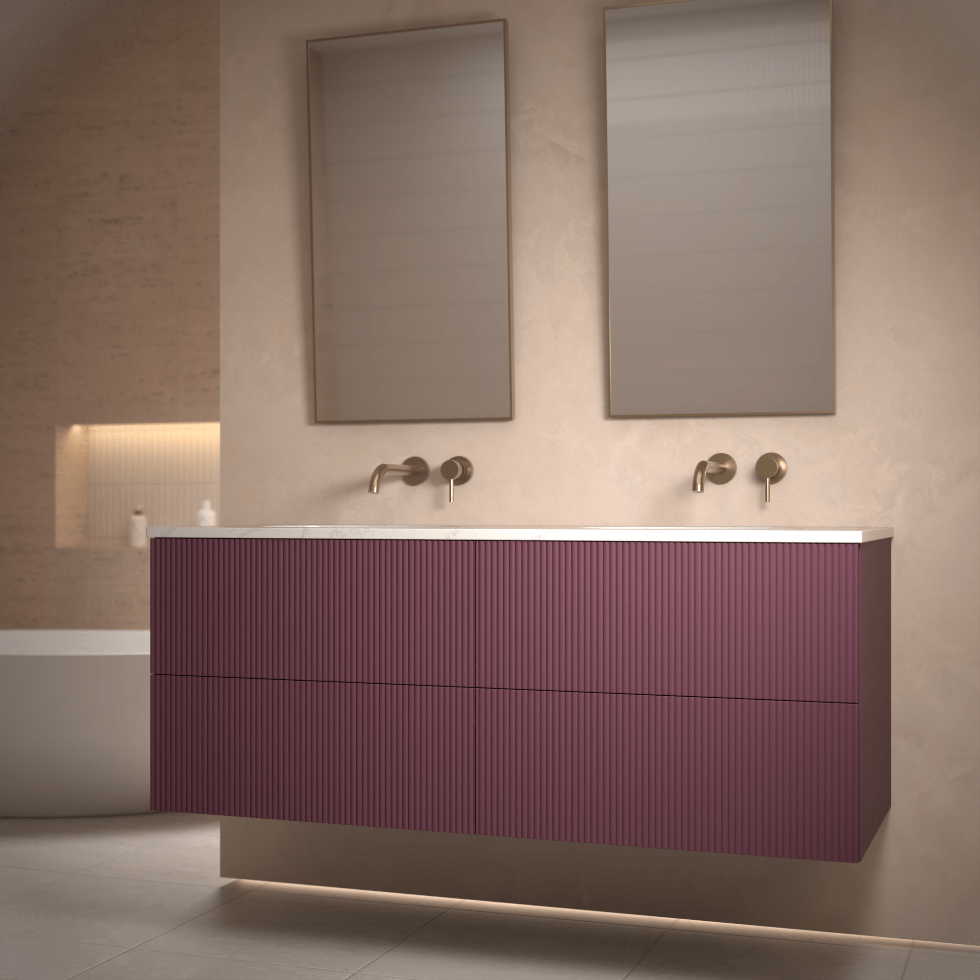 The Reeded | Undermounted | Painted Double Vanity 1400mm Brinjal - Mockridge Design
