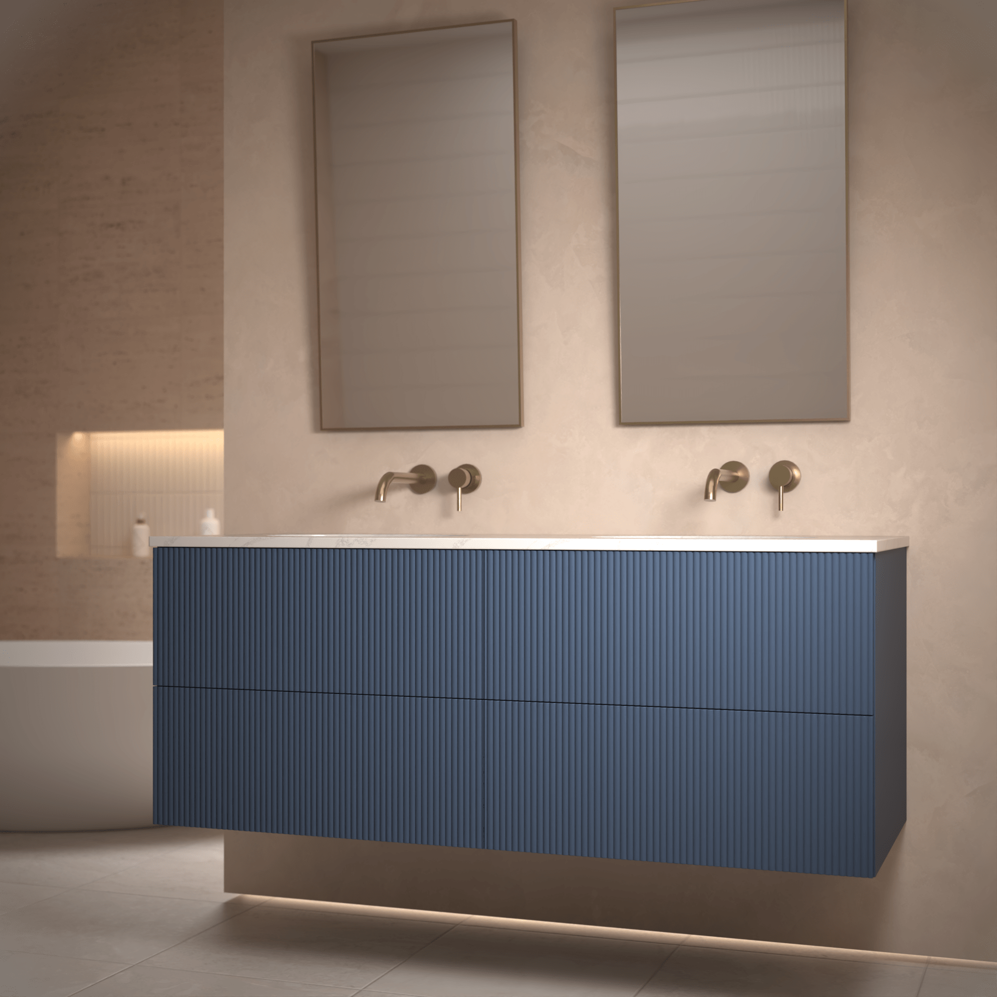 The Reeded | Undermounted | Painted Double Vanity 1400mm Stiffkey Blue - Mockridge Design