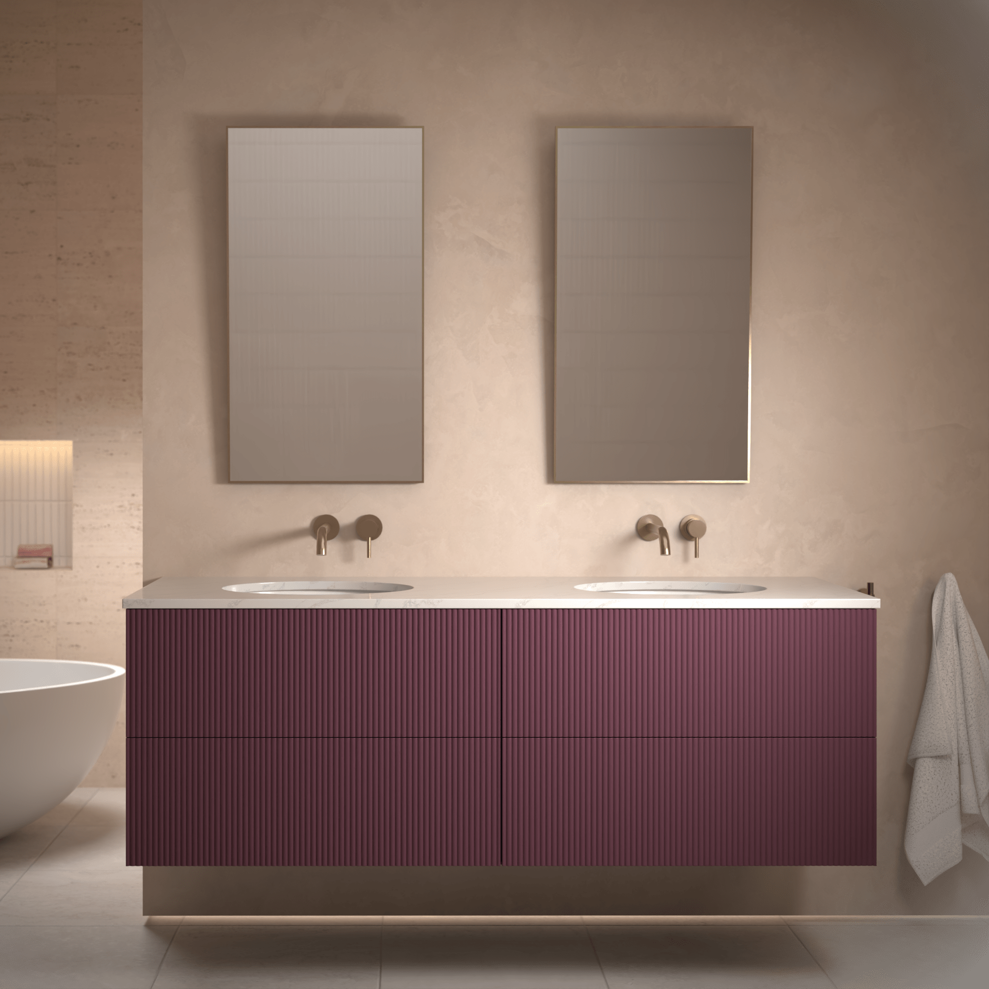 The Reeded | Undermounted | Painted Double Vanity 1600mm Brinjal - Mockridge Design